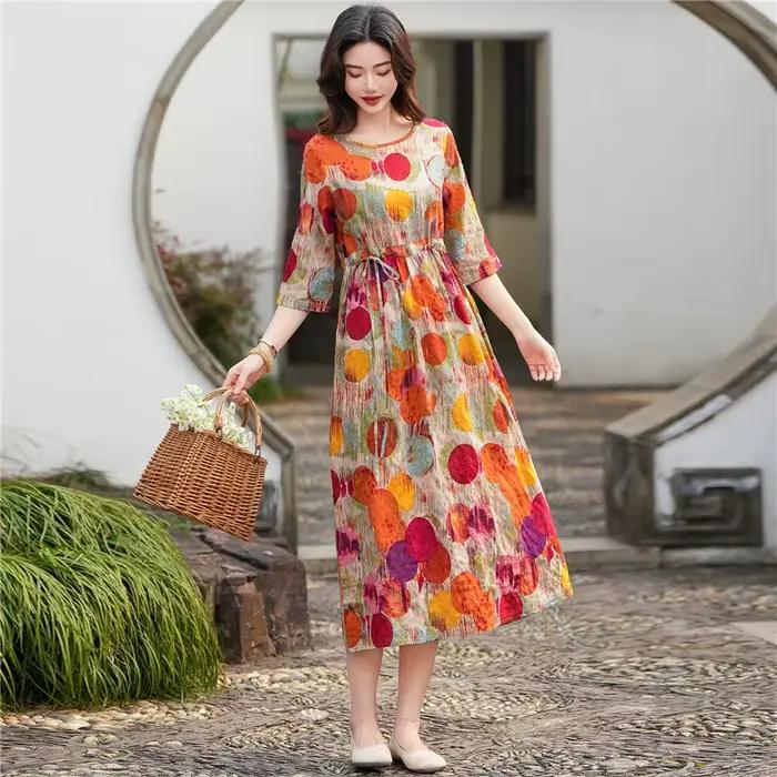 Robe longue en coton à manches mi-longues pour femmes, imprimé floral, lin, vintage, mode, vacances, style voyage, plage, robes décontractées, été
