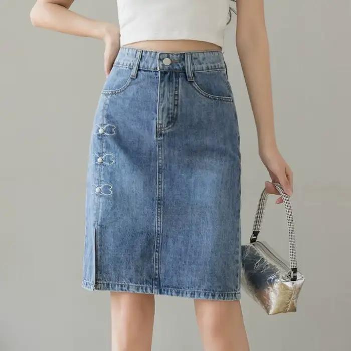 Jupes en jean pour femmes bleu aux genoux longueur avec fente taille haute femme jupe