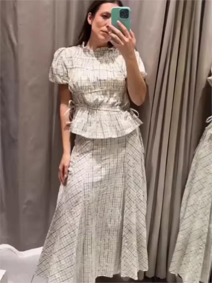 Ensemble jupe taille haute pour femme haut à col volanté et jupe évasée brodée deux pièces printemps été occassions spéciales