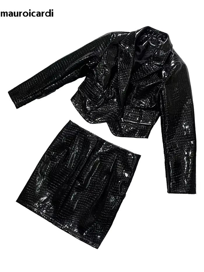Mini jupe courte en cuir Pu pour femmes, imprimé Crocodile noir réfléchissant brillant, taille haute, vêtements de luxe élégants, automne 2025
