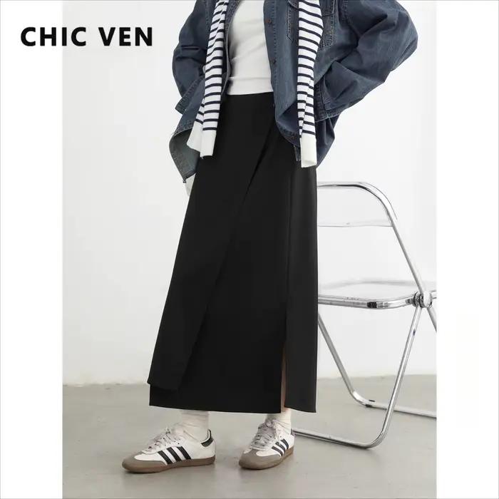 CHIC VEN nouvelles femmes jupes ample décontracté solide Tube droit conception fente irrégulière femme jupe dames vêtements printemps automne 2025