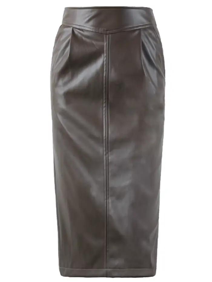 Jupe mi-longue en simili cuir PU pour femme, fermeture éclair fente latérale, silhouette élégante, adaptable à toutes les tailles, polyvalente pour bureau et soirées