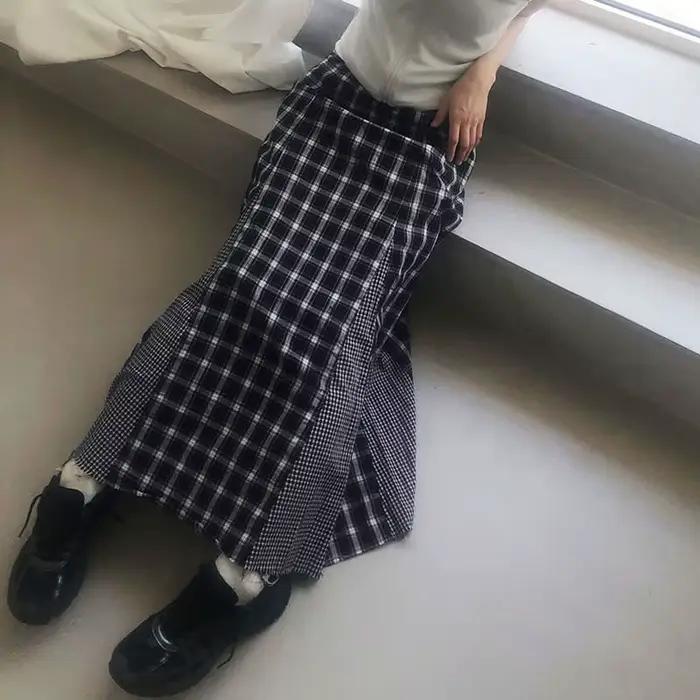 Femmes Plaid jupe longue rétro épissage taille haute