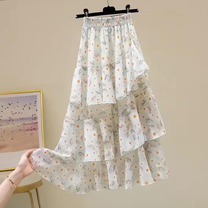 Jupe longue en mousseline de soie à volants pour femmes