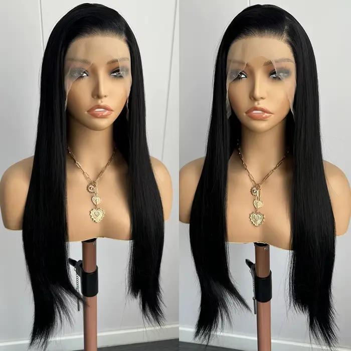 Perruque Lace Front Wig synthétique lisse noire 13x4, perruque longue en soie lisse de haute qualité pour femmes, perruque de Cosplay à usage quotidien