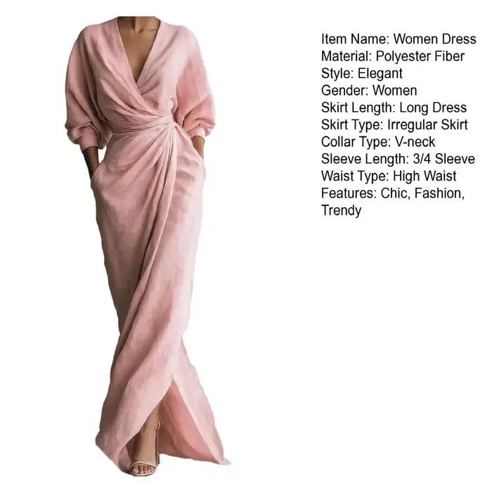 Robe longue moulante élégante pour femme, col en V, taille nouée, manches longues, fendue, couleur unie, style décontracté, collection Printemps 2026