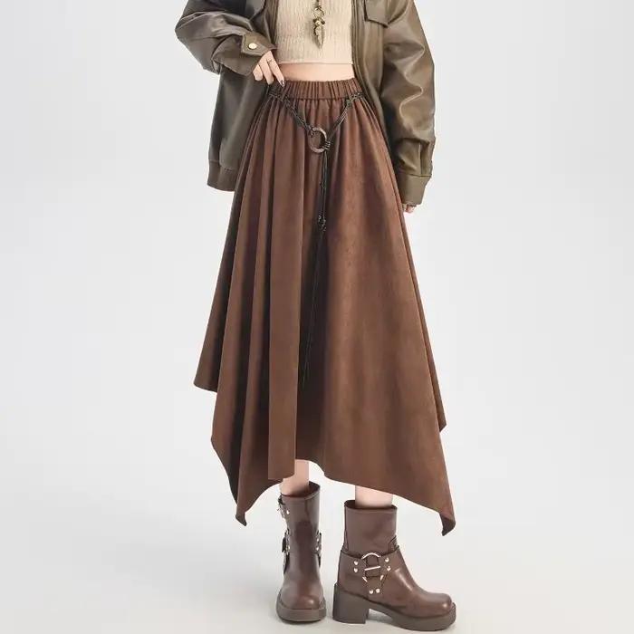 Jupe en daim irrégulière plissée femme a-ligne Chic