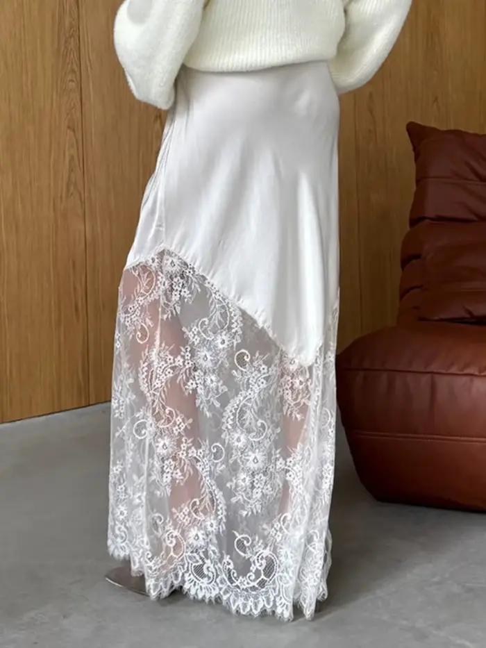 Dentelle Patchwork Satin jupe longue femmes été fermeture éclair taille haute élégant a-ligne Faldas femme élégante Simple mode Maxi jupes