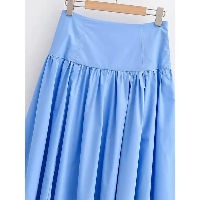 YENKYE Nouvelle jupe plissée bleue taille haute évasée pour femme