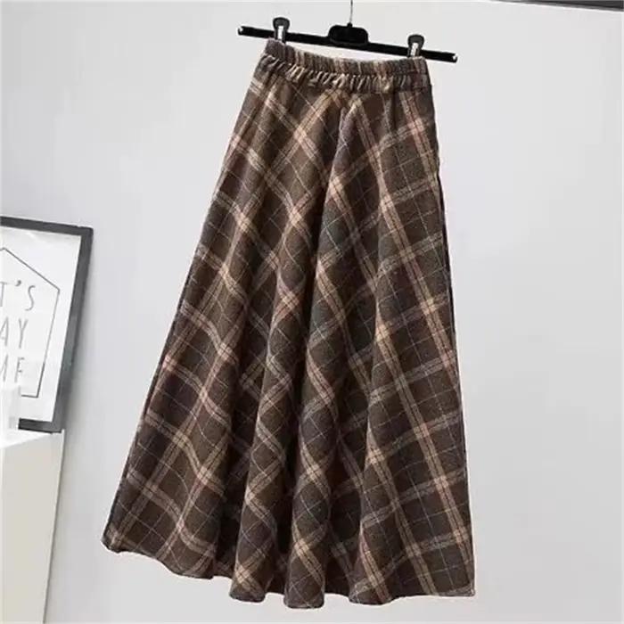 Jupe en laine à carreaux brun foncé pour femmes, coupe moderne, silhouette une ligne, tour de taille empire, printemps été, polyester voile, décoration none, mi-mollet