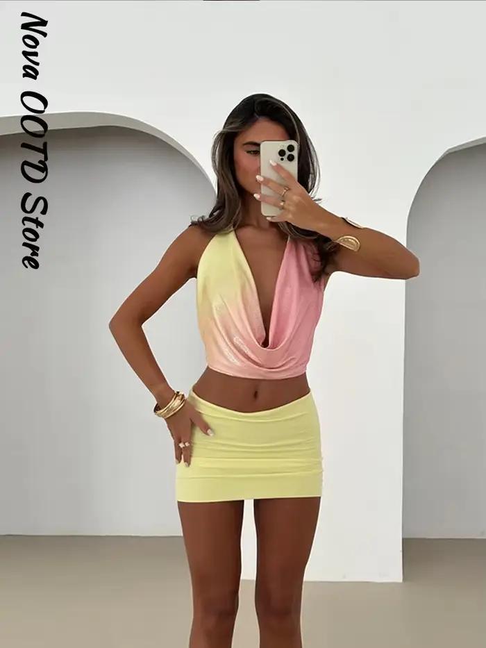 Club haut à paillettes gaine jupe ensembles femmes Sexy dos nu sans manches réservoir hanche paquet jupes 2025 été mode dame ensemble de fête 