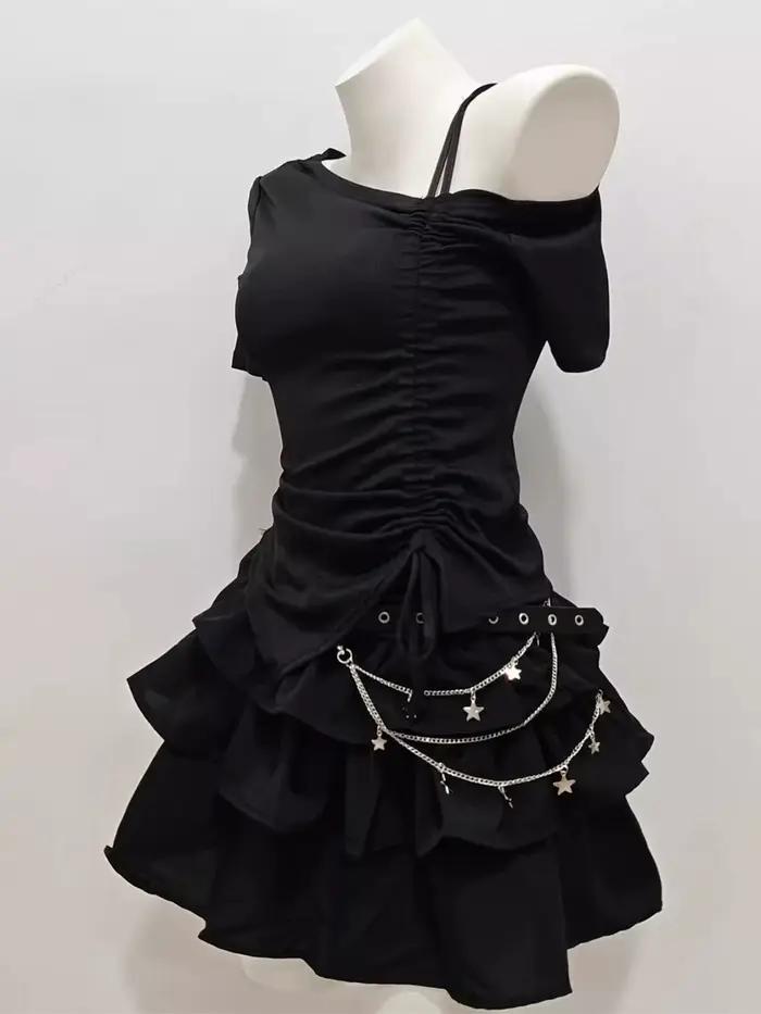 Ensemble jupe courte noire et t-shirt à manches courtes avec cordon de serrage pour femme