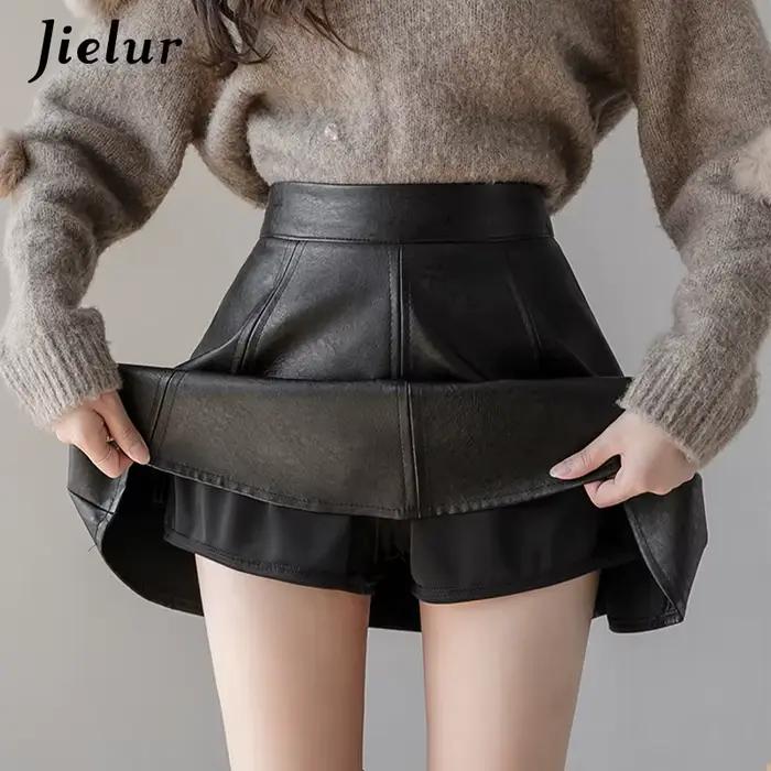 Jupe plissée Jielur en simili cuir pour femmes, élégante et polyvalente, idéale pour toutes les saisons, coupes régulières, tour de taille empire, mini longueur, polyester et simili cuir, multiple couleurs et tailles disponibles