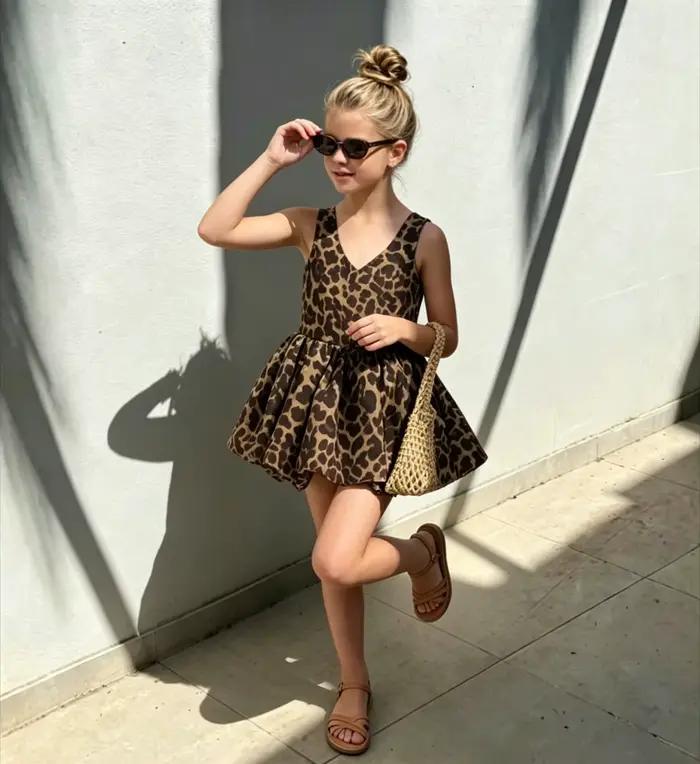 Robe Fille Imprimé Léopard 2026 Nouvelle Collection Été Style Princesse Rétro Jupe Moelleuse