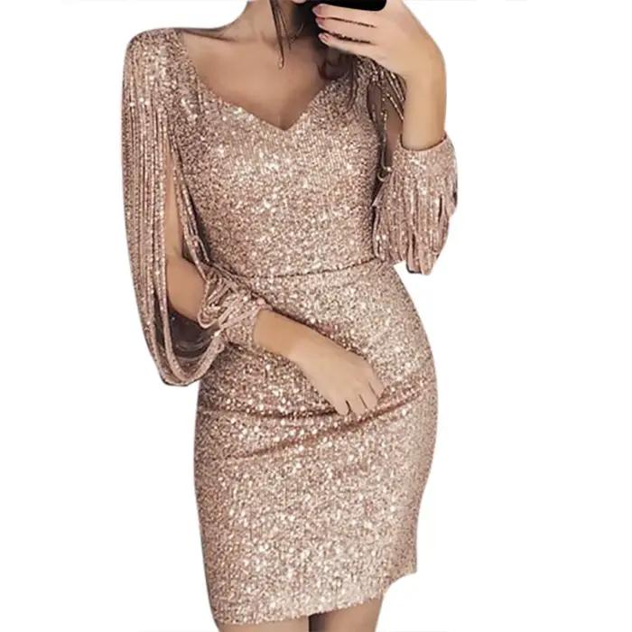 Robe Brillante Polyester pour Invité de Mariage Élégante et Glamour Femmes Longues Brillantes Mini Paillettes Couture Solide Robe Sexy Club Robe Pour Femmes Occasions Spéciales