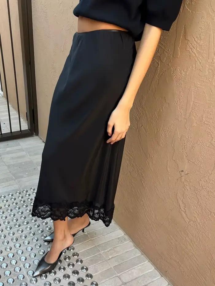Jupe longue mi-glissante en dentelle avec sous-jupe en satin pour femmes style vintage occasions spéciales été 2025