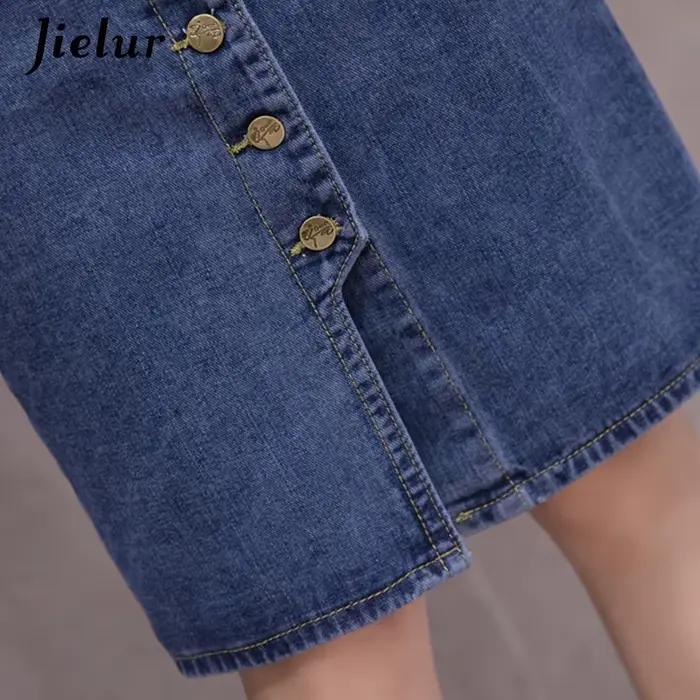 Jielur Taille Haute Denim Jupes lèvent Poches Classique Jeans Jupe pour Femmes S-5XL