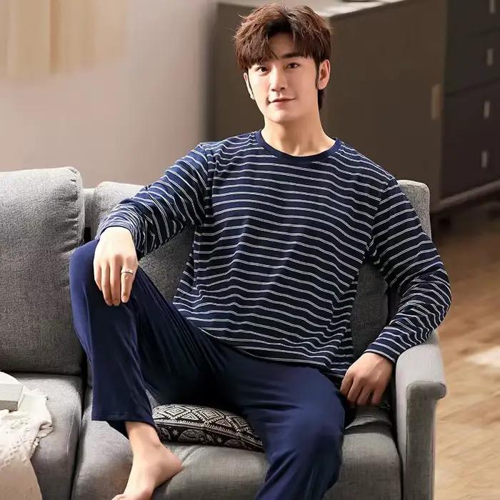 Pyjama à manches longues pour hommes, pantalon Long, grande taille, vêtements de maison, ensemble deux pièces, vêtements de nuit, vêtements de nuit pour jeunes, automne et hiver