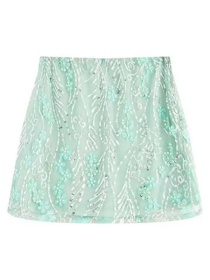Mini Jupe Floral à Paillettes et Perles en Polyester Haute Qualité pour Femmes, Occasions Spéciales, Vacances d'Été, Sorties Plage, Tenue d'Anniversaire