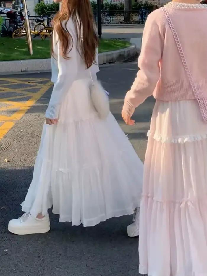 Jupes douces femmes nœud papillon dentelle Patchwork Stretch taille haute printemps 2025 mode élégante jupe longue femme décontracté