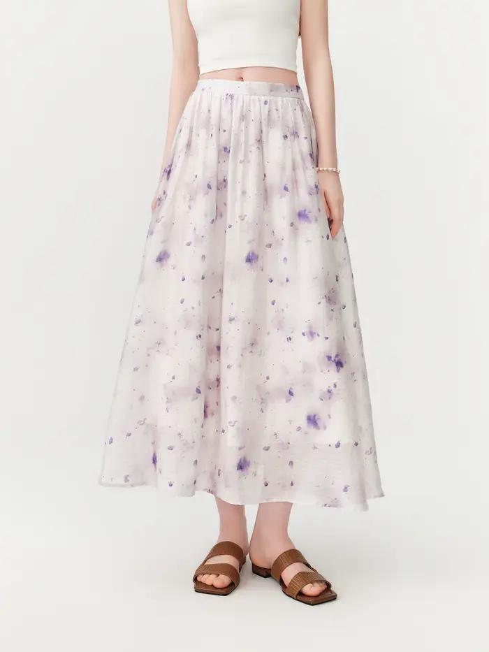 Jupe midi évasée tie-dye lilas FSLE 2026 pour femme