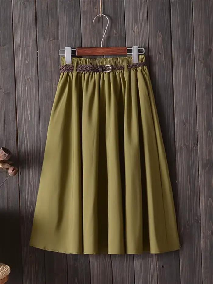 Midi genou longueur jupe d'été femmes avec ceinture mode coréenne dames taille haute plissée a-ligne