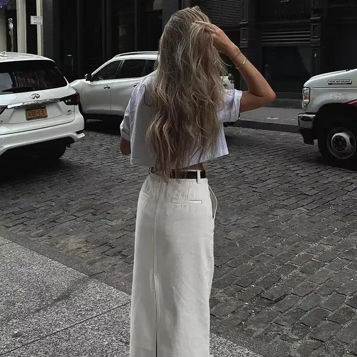 Jupe longue blanche fendue taille haute style spicy girl high street été 2025 polyvalente pour femmes ocassions spéciales