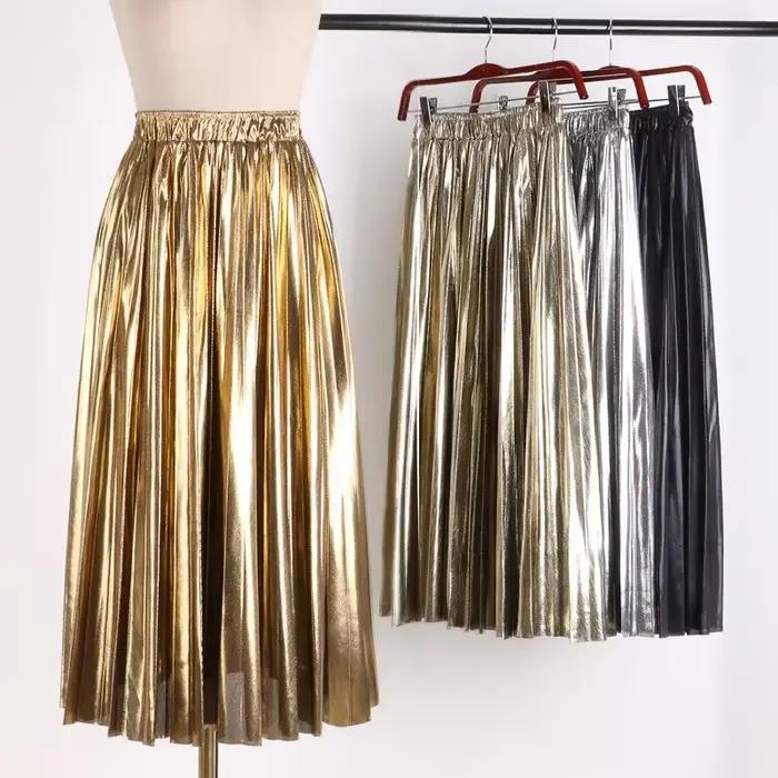 Jupe plissée mi-longue trapèze taille haute pour femmes