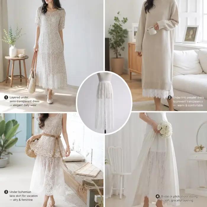 Jupe de dessous en dentelle florale 75 cm pour femmes, sécurité anti-transparence, polyester, blanc ou noir, pour Cheongsam, streetwear et tenues de ville