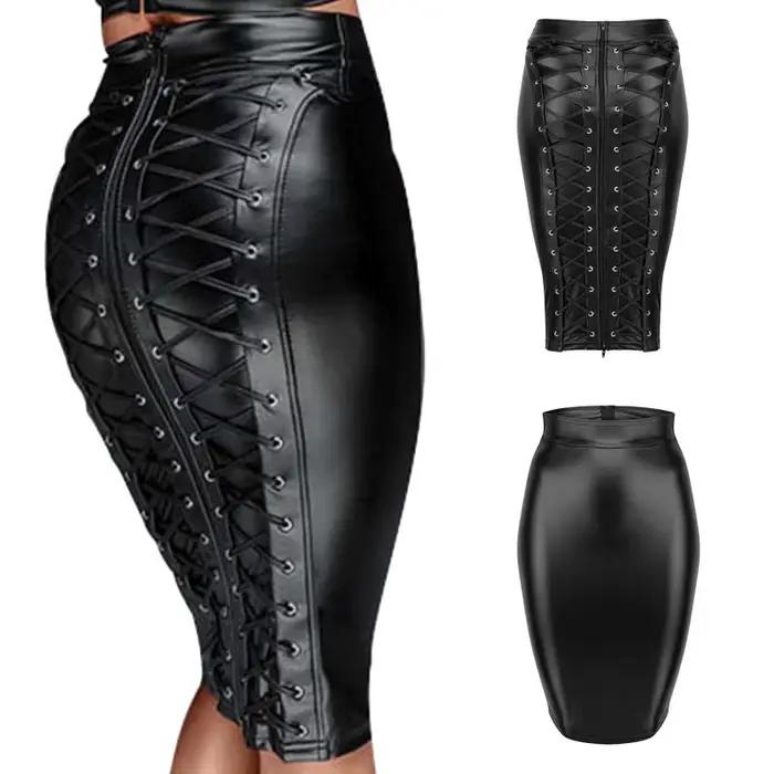 Jupe crayon zippée à lacets en cuir pour femme, robe Steampunk