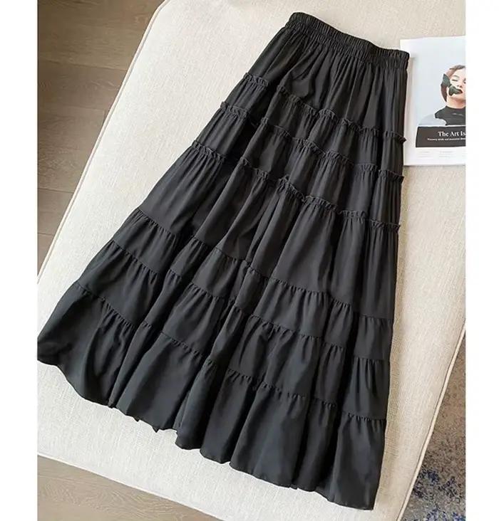 Jupe mi-longue Qiukichonson en mousseline de soie, décontractée et mignonne, idéale pour l'été, printemps et automne, blanche ou noire, avec volants et froufrous, pour femmes, occasions spéciales et quotidienne