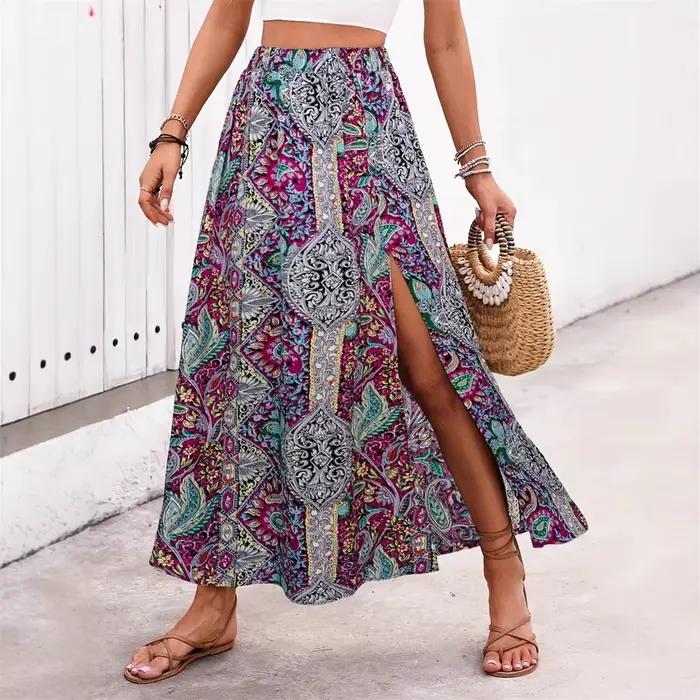 Jupe Bohème Rétro Imprimée Fleuri Femme Style Folk Indépendant Printemps Été Taille Haute A-Ligne Plissée Longues Décontractées Vacances Plage
