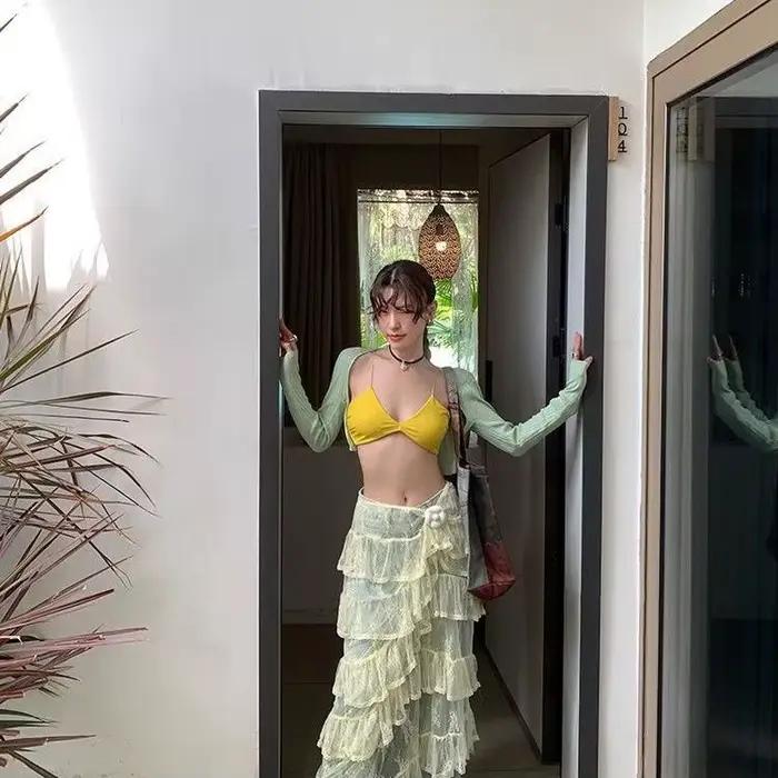 Jupe design en dentelle coréenne-jupe longue superposée élégante taille haute pour femmes
