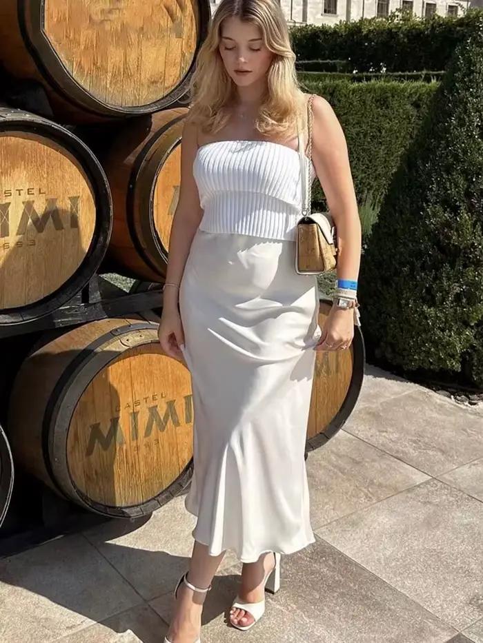 Jupe midi en satin à pois noirs et blancs pour femme HH
