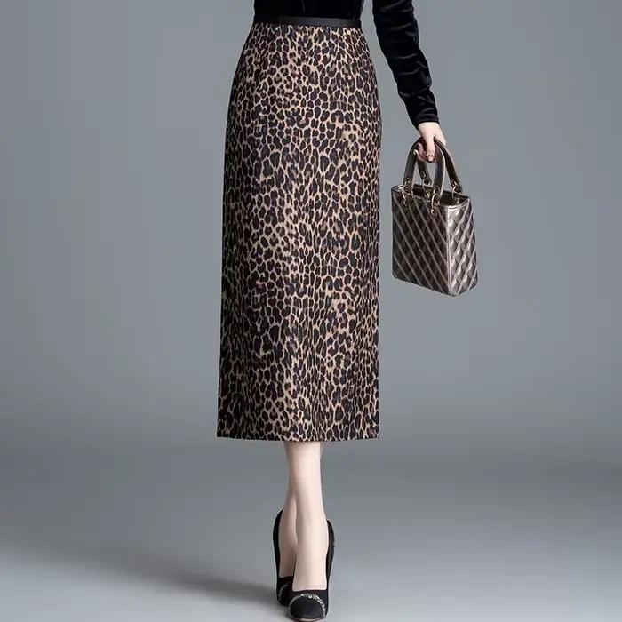 ZUZK élégant longues jupes léopard pour les femmes automne hiver tenue de bureau mince dames jupe taille élastique Maxi