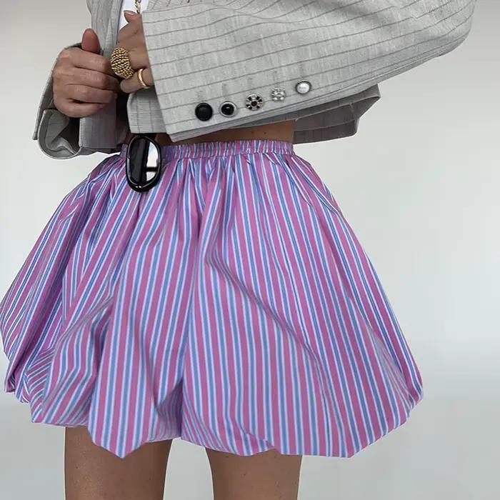 FLARORA mode rayé Patchwork a-ligne jupes femme taille haute bulle jupe plissée douce rue