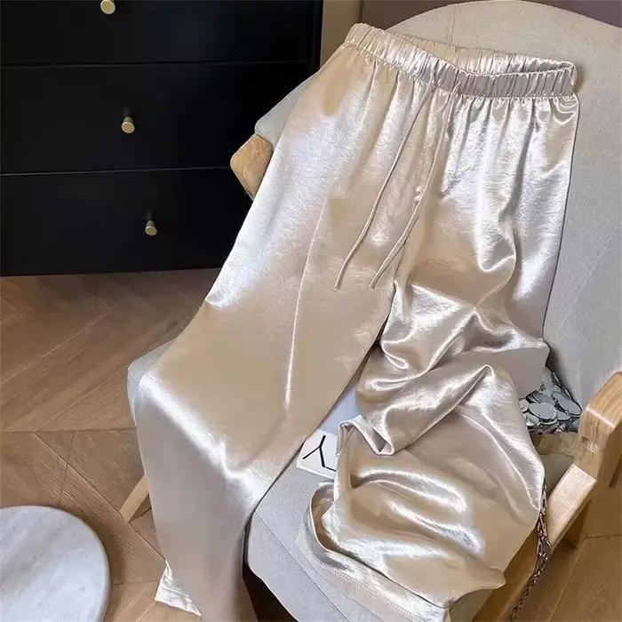Pantalons décontractés de mode coréenne taille haute mince jambe large femmes printemps été bureau couleur unie plissés droit tout-match décontractés