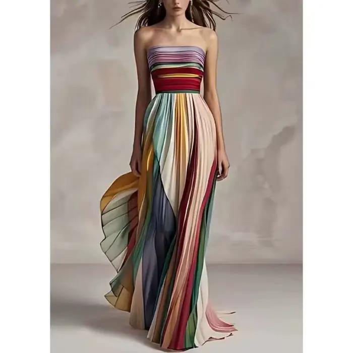 Nouvelle Robe Longue Plissée Imprimée Colorée Sexy et Élégante pour l'Été