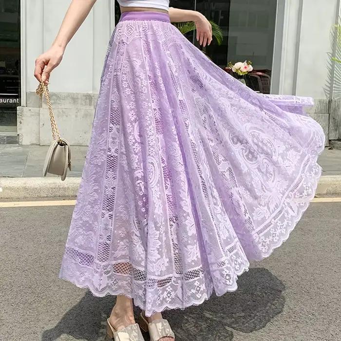 Jupes longues Maxi pour femmes printemps été coréen mignon Style princesse élastique taille haute a-ligne jupe en dentelle florale blanc noir