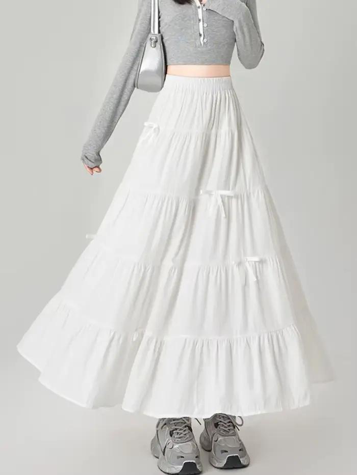 Arc doux jupes longues femmes élégant Style Preppy taille haute une ligne jupe mignon japon ample décontracté dame mode