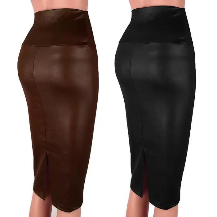 Mode élégante taille haute fendu Faux cuir jupe femmes genou longueur moulante
