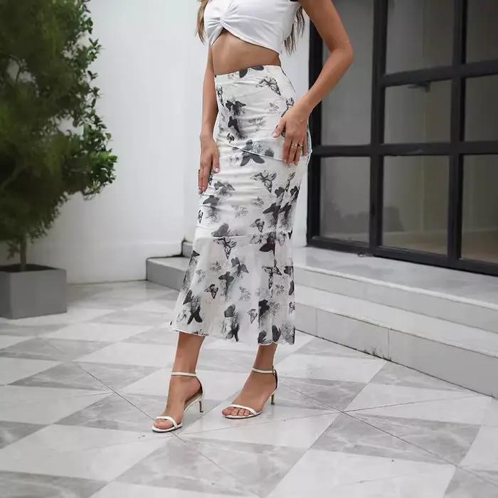 Femmes blanc papillon Floral rose imprimé jupes élégant taille haute droite mince hanche