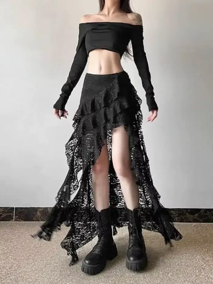 Jupe noire en dentelle Patchwork à volants pour femmes style Y2K grunge taille haute mi-mollet tricoté printemps été 2025