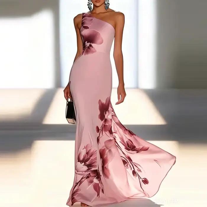 Robe longue chic pour femmes, à une épaule, imprimé floral bleu rétro, coupe ajustée, élégante, pour banquet, occasion formelle