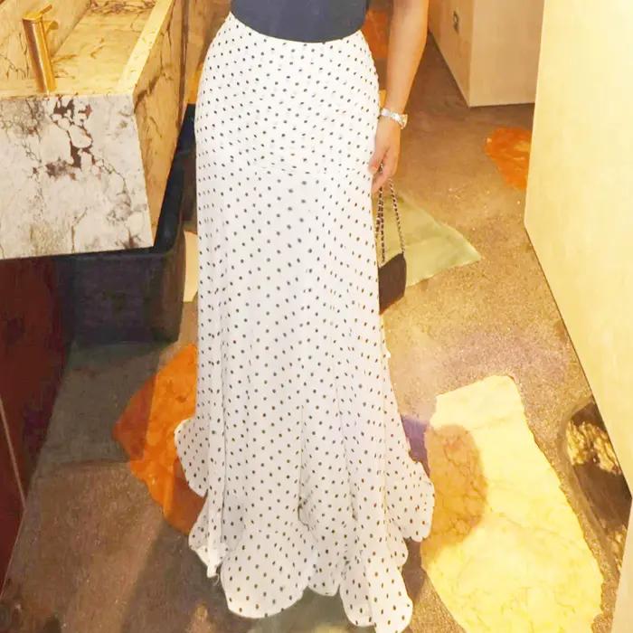 Femmes à pois imprimé jupes longues élégant taille haute queue de poisson ourlet fluide a-ligne