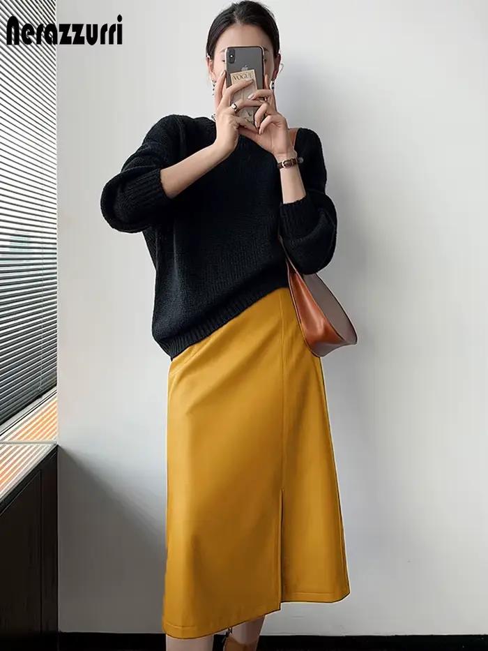 Jupe midi Nerazzurri en simili cuir jaune et noir pour femmes, style bureau, taille haute, polyvalente pour toutes les occasions