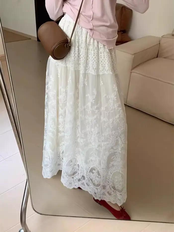 Jupe longue en dentelle blanche EOENKKY pour femmes, style bohème coréen, printemps été, polyester, silhouette une ligne, taille haute, légèrement extensible, entretien facile, idéale pour diverses occasions