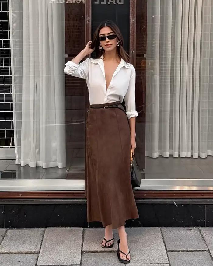 Jupe longue en daim marron terre style rétro pour femme