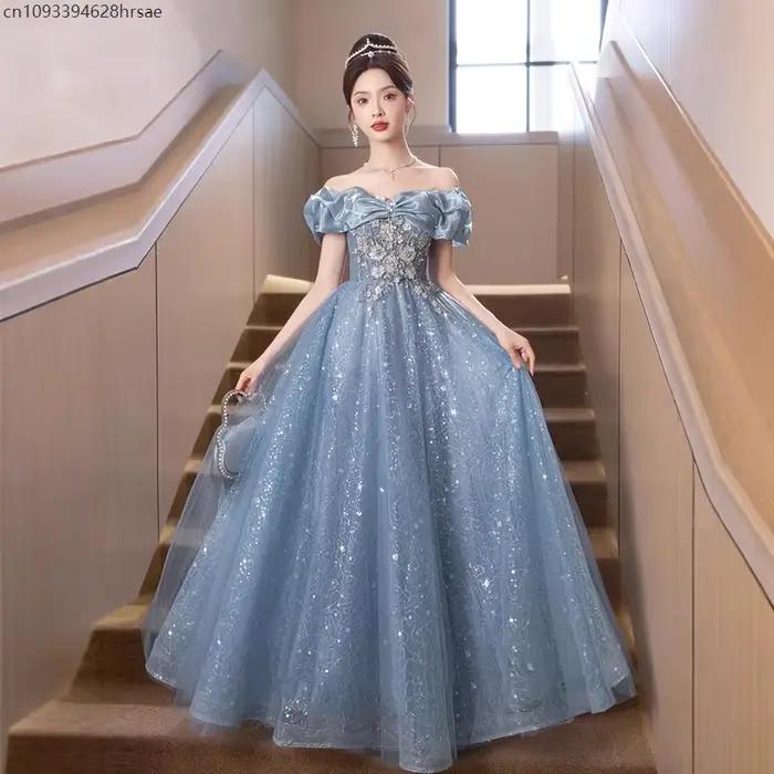 Robe de soirée de mariage bleue élégante, épaules dénudées, pour femmes, bal de Performance, luxueuse jupe longue trapèze de Style princesse