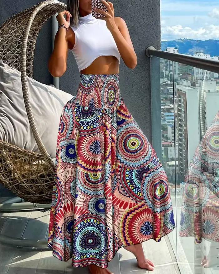 Jupe longue en polyester imprimée floral pour femmes, style bureau dame, jupe estivale pour plage et occasions spéciales